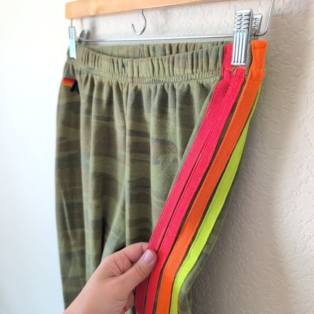 Aviator Nation Camo Rainbow Stripe Jogger Sweatpants Green Women M FLAWS - Picture 3 of 8